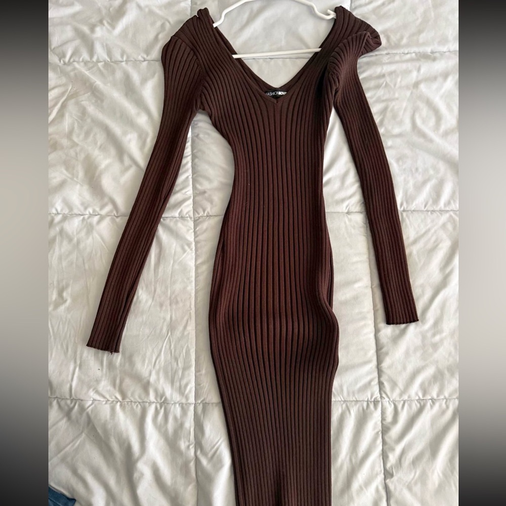 Fashion Nova Brown Ribbed Knit Dress